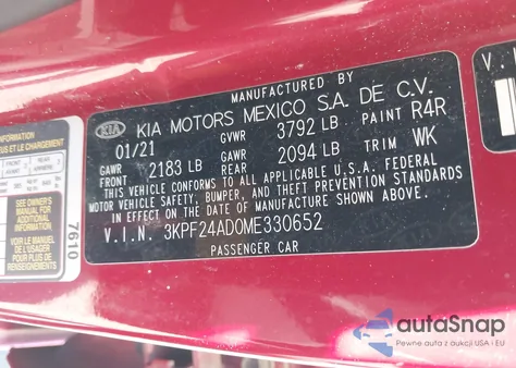 2021 Kia Forte Lxs из США, поврежденный, VIN 3KPF24AD0ME330652